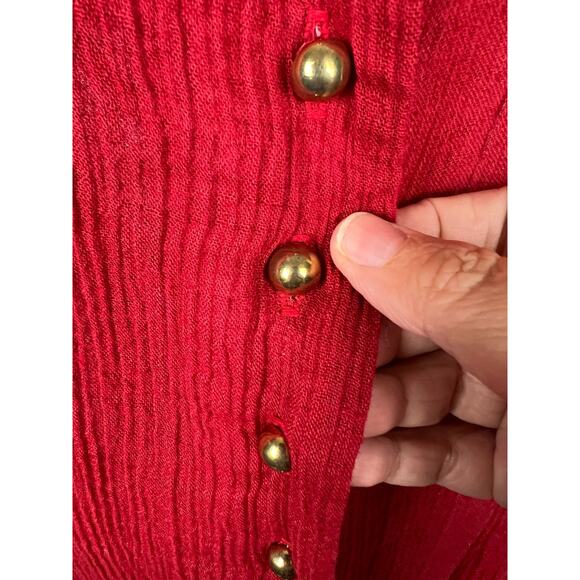 90s Red Rayon Crepe Flutter Sleeve Button Front Tie Corset Back Maxi Dress L/XL - Picture 5 of 8